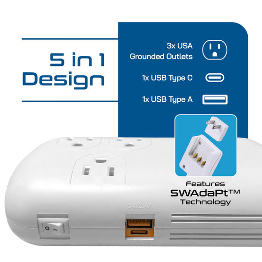 300W Step Down Converter – 3x USA Outlets & 1 USB-A + 1 USB-C PD 18W – AC 220-240V 50Hz to 110-120V 60Hz Travel Voltage & Frequency Converter - (PU-300-WS)