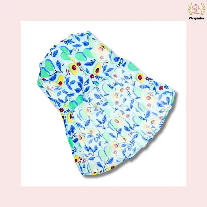 Avocado Print Dog Princess Dress - Light Blue Summer A-line Frock