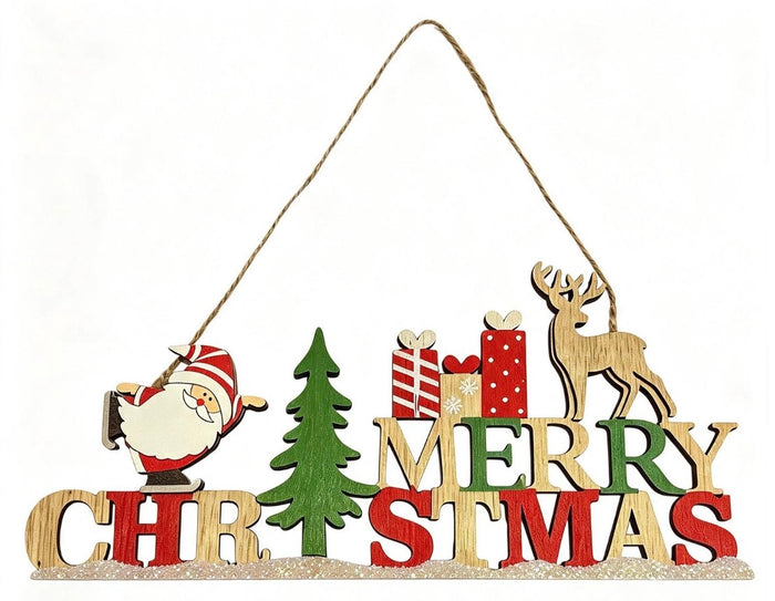Christmas Wooden Hanging Sign with Sante, Reindeer and Tree