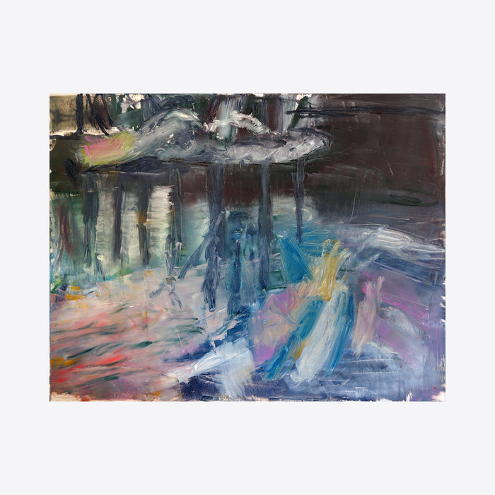 The artwork 'Dark Pond' captures a moody water landscape with reflective surfaces, featuring bold brushstrokes in deep blues, purples, and pink hues. Abstract expressionist style oil painting depicts shadowy tree reflections in turbulent water, with dynamic movement created through gestural marks and layered paint. Oil on panel, 14x18 inches by Maureen Shea.