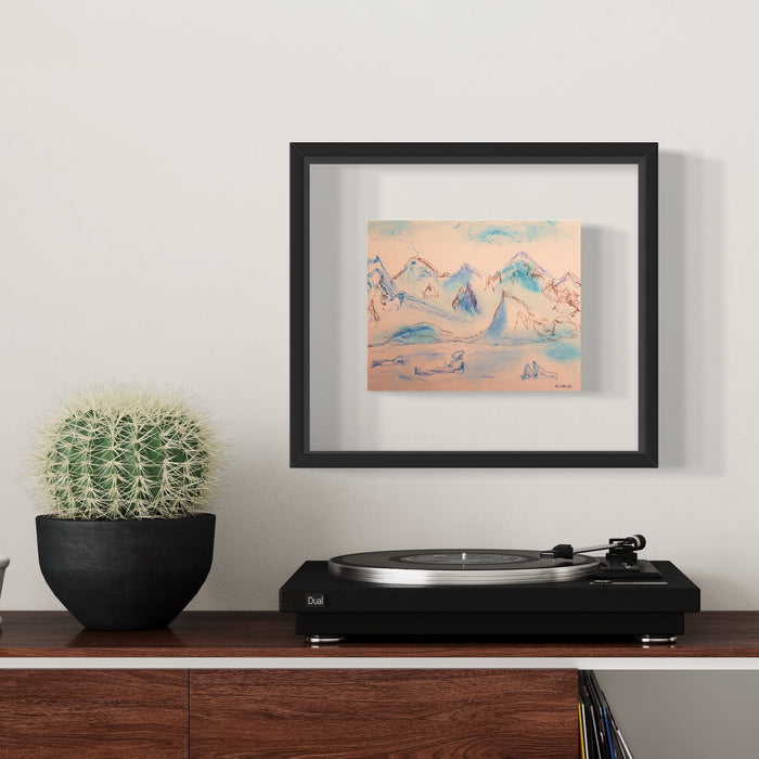 The artwork 'Dorian Bay Mountains' by Ali Ha features a delicate mountain landscape rendered in soft peach and turquoise tones on warm white paper. Jagged peaks rise against a gentle sky, with detailed ink linework creating texture and depth. The piece is elegantly framed in black, showcasing the torn edge paper and mixed media technique combining Micron ink and Caran d'Ache materials. By Ali Ha.