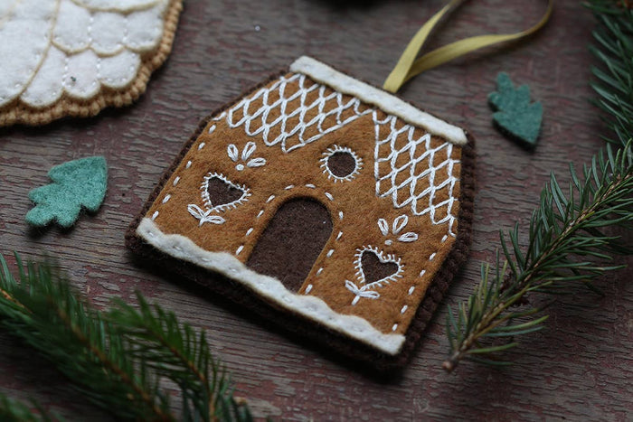Hand Embroidered Felt Ornament Kit - Gingerbread House-Stitched Modern