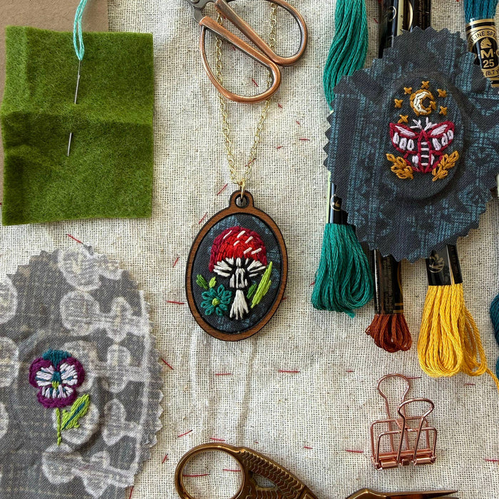 Hand Embroidery Necklace Kit - Mushroom-Stitched Modern