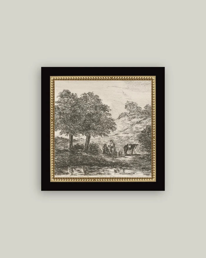 Landscape with Family Under Tree Framed Antique Art 5x5