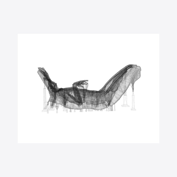 Machines For Suffering XII Blueprint I by Sophie Kahn features a monochromatic abstract form rendered in delicate grayscale watercolor and archival print. The ethereal composition shows a floating, translucent shape with organic curves and sharp angles, creating a ghostly architectural blueprint effect on white museum-quality paper.