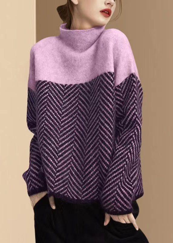 Melbourne | Khaki Turtle Neck Patchwork Knit Pullover Winter