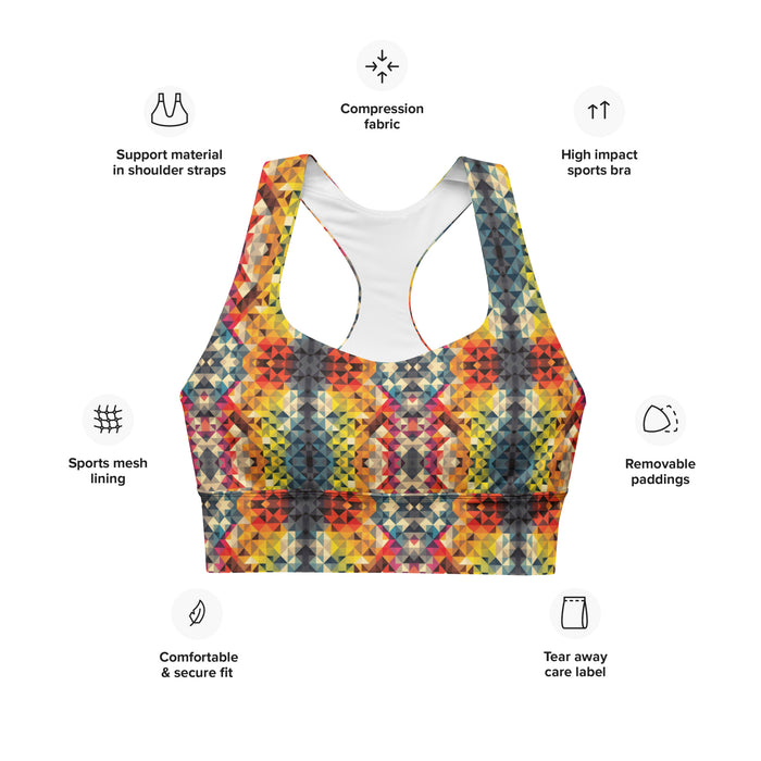 Multicoloured Geometric Pattern Longline Sports Bra