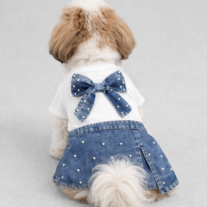 Pearl Bow Denim Dog Dress