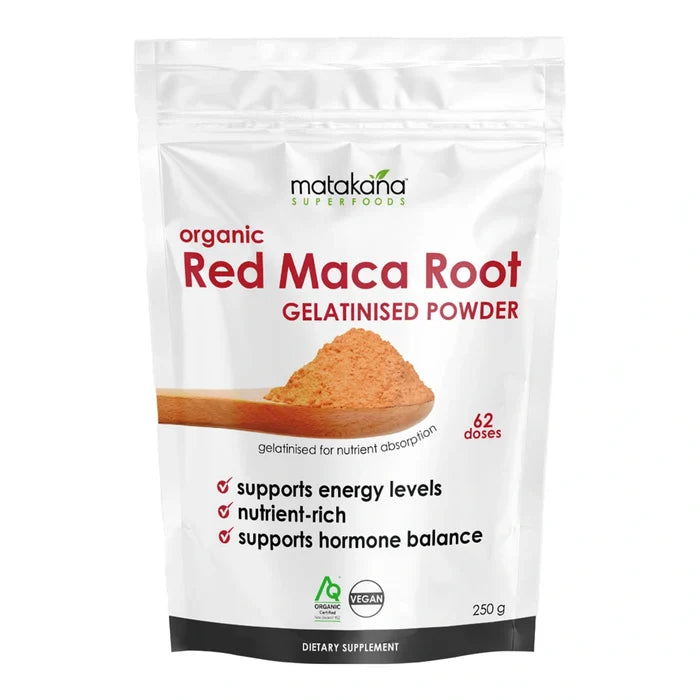 Package of organic red maca root powder by Matakana Superfoods on a white background