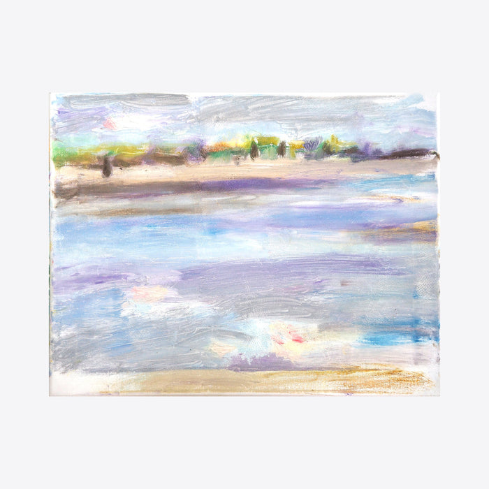 The artwork 'Seascape' by Maureen Shea depicts a tranquil coastal scene with soft pastel hues. Ethereal layers of lavender and pale blue waters meet a sandy beige shoreline, while muted green foliage dots the distant horizon under a cloudy sky. The oil on linen painting features loose, impressionistic brushstrokes that create a dreamy atmospheric effect, measuring 14 x 18 inches.