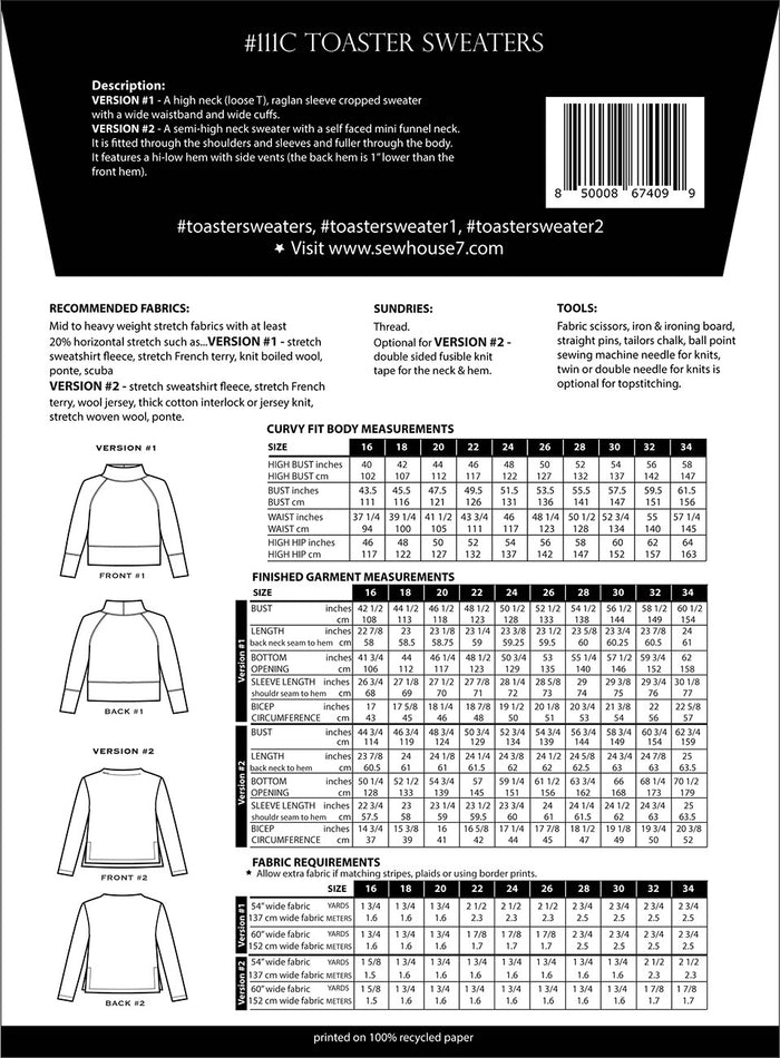 Sew House Seven - 110 - Toaster Sweaters - Curvy Fit Sizes 16-34
