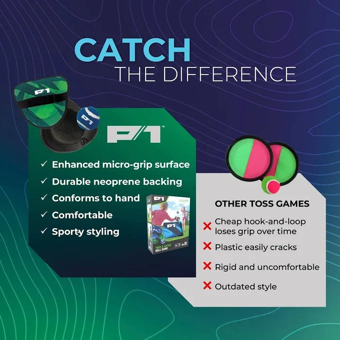 Promotional graphic for the F1 Catch Toss Game, showing the green and black plastic ball toss game with a branded box on a dark blue background with white and teal text.
