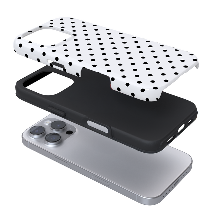 Expanded view of a phone case with a white and black polka dot pattern on a white background