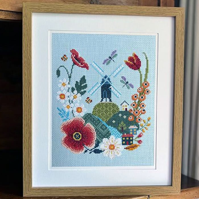 Windmill & Flowers Cross Stitch Pattern