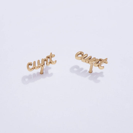 14K Gold Plate Cunt Script Stud Earrings