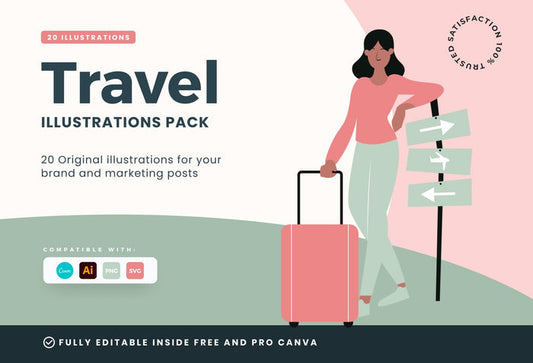 Ladystrategist 20 Unique Travel Illustrations - Fully Editable in Canva instagram canva templates social media templates etsy free canva templates