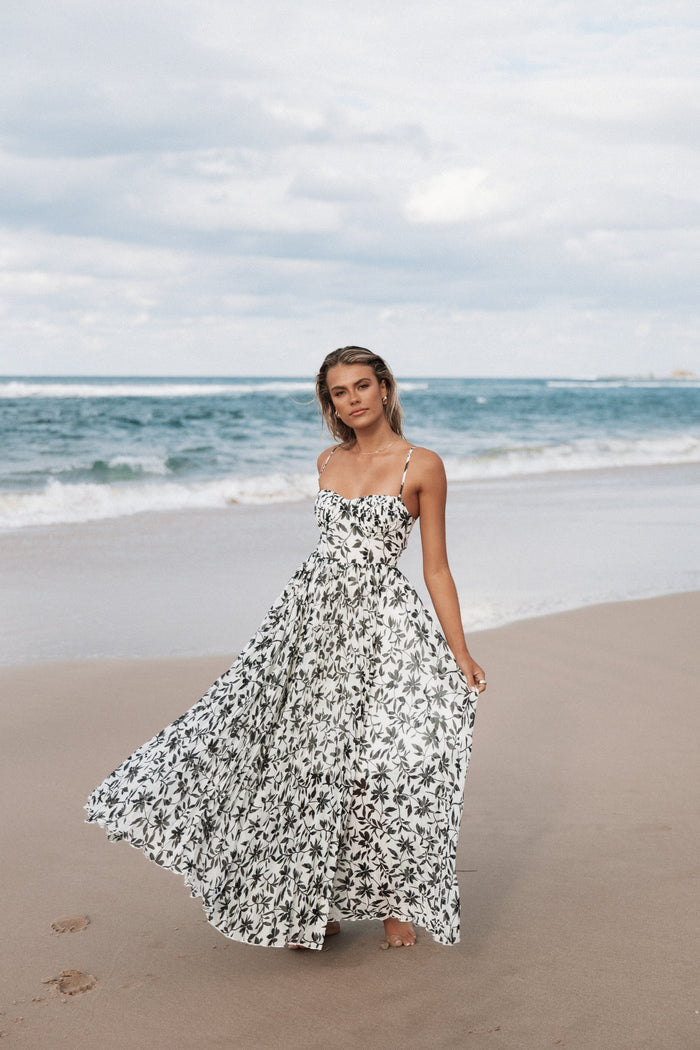 Petal and Pup USA DRESSES Achanti Pleated Maxi Dress - White Black Floral (Hold for Rack)