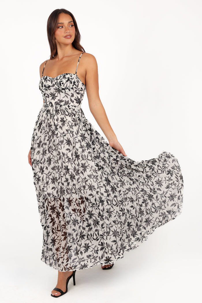 Petal and Pup USA DRESSES Achanti Pleated Maxi Dress - White Black Floral (Hold for Rack)