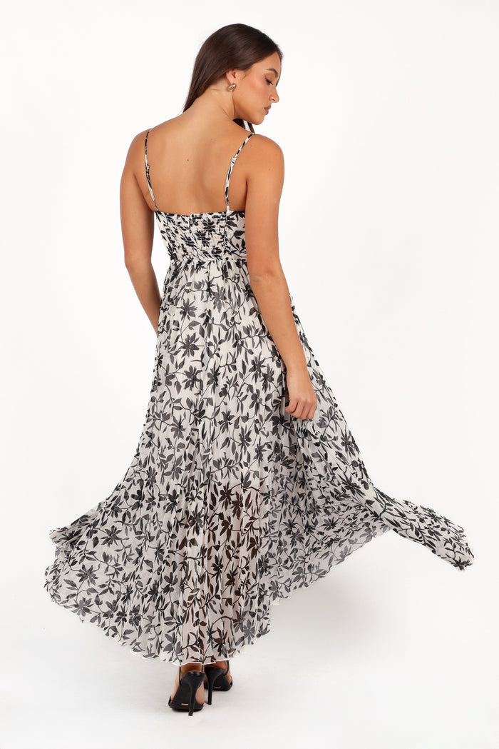 Petal and Pup USA DRESSES Achanti Pleated Maxi Dress - White Black Floral (Hold for Rack)