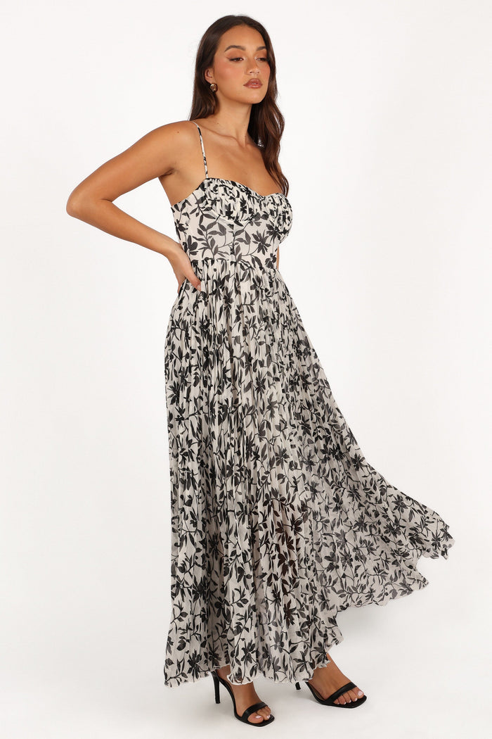 Petal and Pup USA DRESSES Achanti Pleated Maxi Dress - White Black Floral (Hold for Rack)