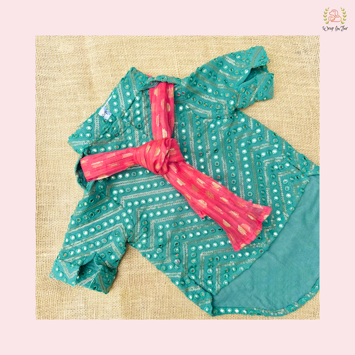 Aqua Green Mirror-Work Dog Kurta & Dupatta - Indian Dog Ethnic Wear Dress