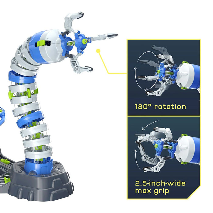 Bionic Robotic Arm with text '180 rotation and 2.5 inch wide max grip' displayed on a white background