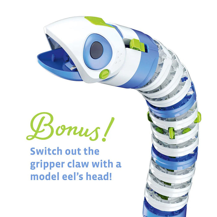 Bionic Robotic Arm with text 'Bonus! Switch out the gripper claw with a model eel's head!' displayed on a white background