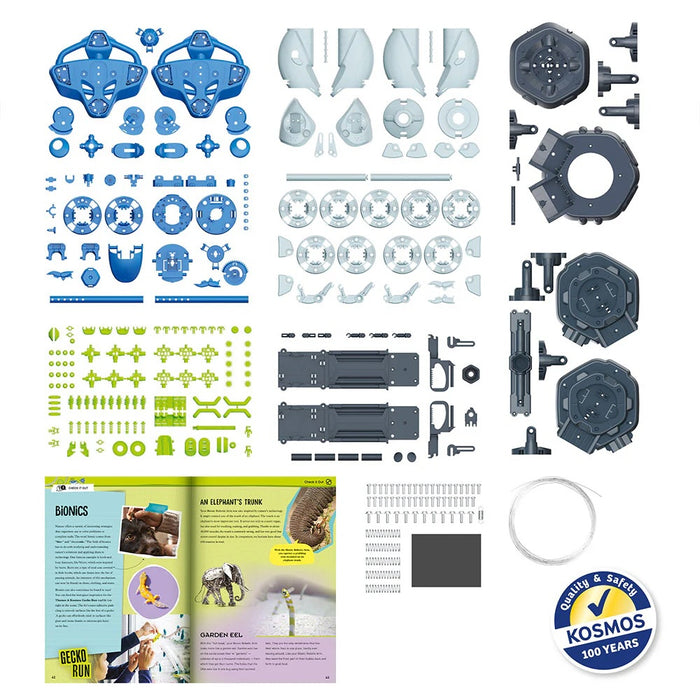 Contents of the Bionic Robotic Arm kit displayed on a white background with the Kosmos quality and safety seal