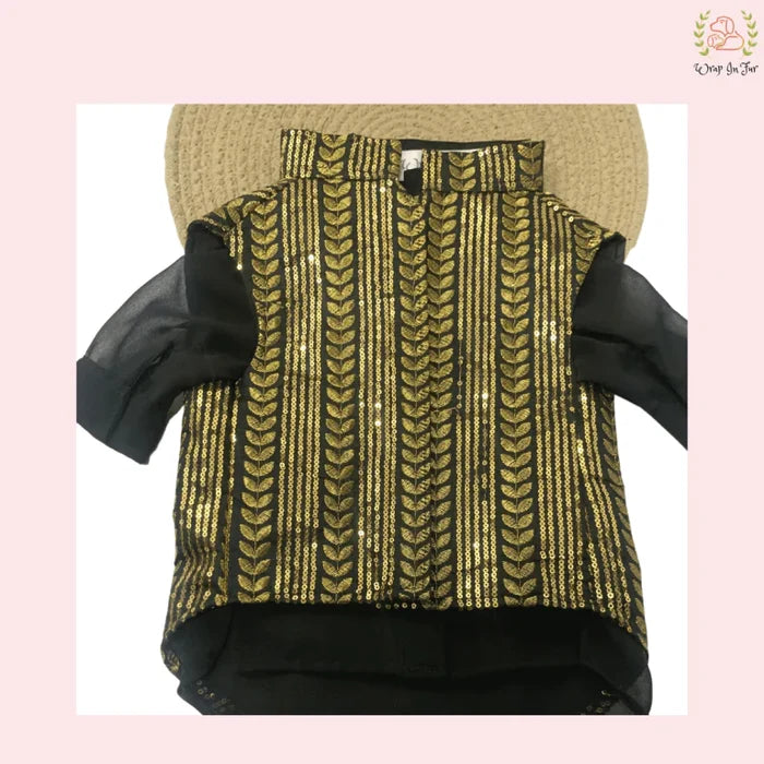 Black & Gold Sequin Dog Kurta Jacket Set - Premium Dog Ethnic Wear