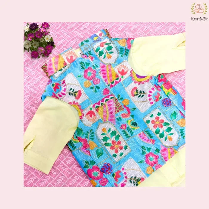 Blue Floral Jacket Dog Kurta Set - Vibrant Yellow Indian Dog Ethnic Wear
