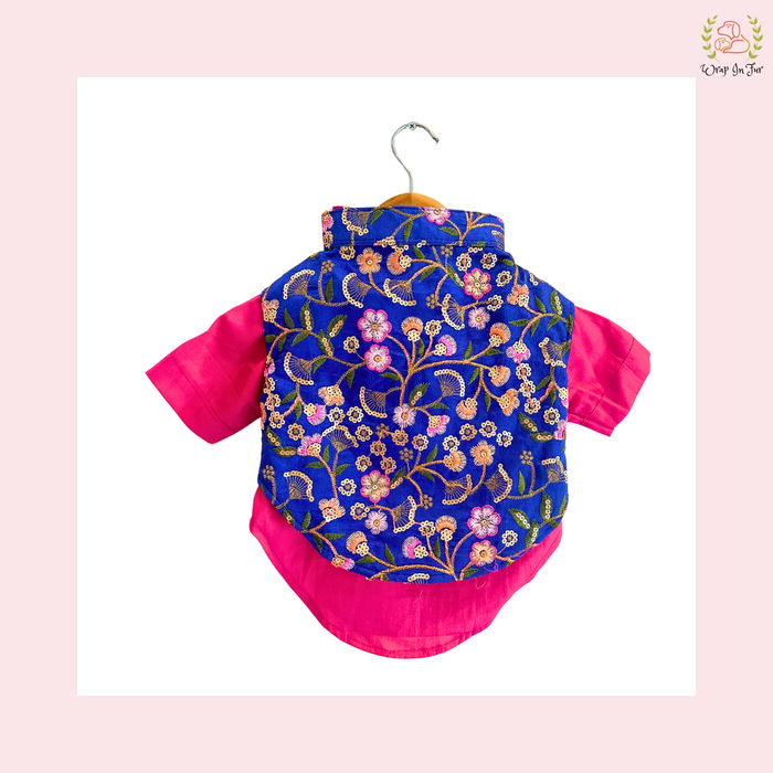 Blue Floral Pink Dog Kurta Jacket Set - Premium Indian Dog Ethnic Wear
