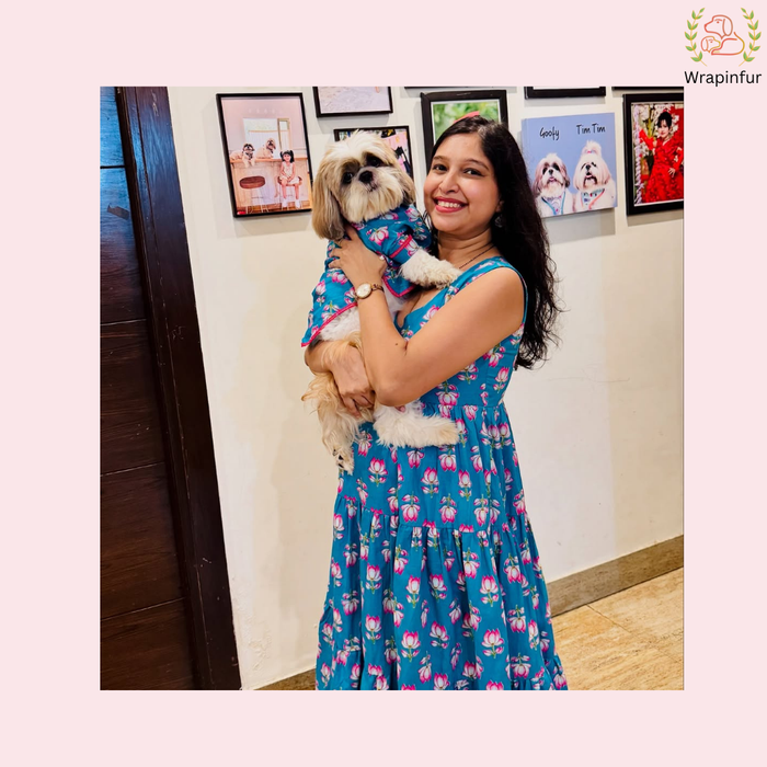 Blue Lotus Dog Kurta Dress - Royal Indian Dog Ethnic Wear Twinning Dress