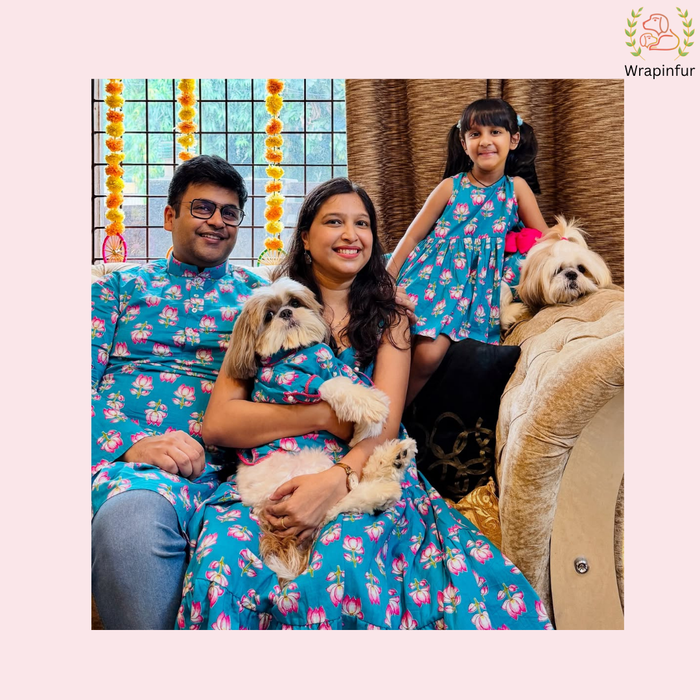 Blue Lotus Dog Kurta Dress - Royal Indian Dog Ethnic Wear Twinning Dress