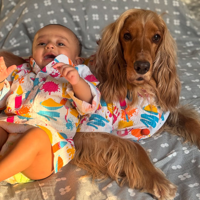Blue Rangeen Dog Kurta Twinning Set ( Dog kurta along with human kurta )