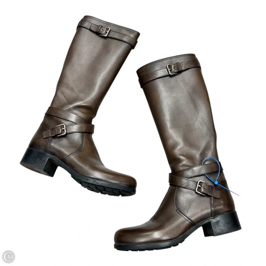 Boots Luxury Designer By Prada In Brown, Size: 8.5
