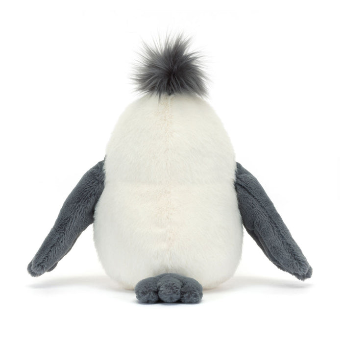 Stuffed seagull toy with a fluffy black top on a white background