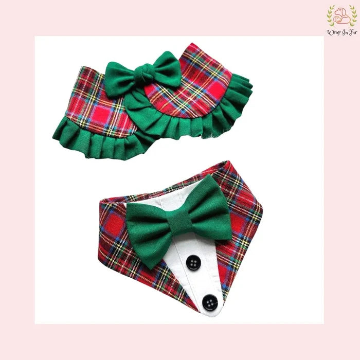 Christmas Bandana Set - Plaid Tuxedo Holiday Wear for Dogs