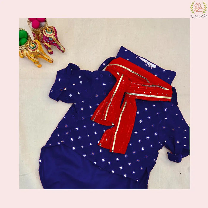 Dark Blue Mirror Work Dog Kurta with Red Dupatta - Indian Ethnic Wear