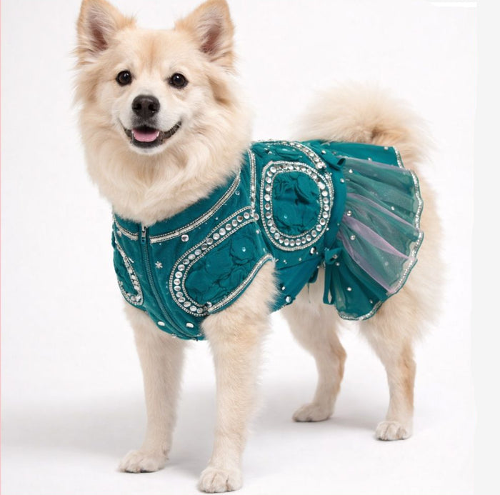 Dark Cyan Mirror Dog Lehenga