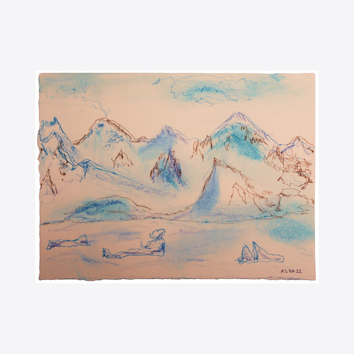 The artwork 'Dorian Bay Mountains' by Ali Ha features delicate line drawings of snow-capped mountain peaks rendered in soft turquoise blue and coral pink hues. The minimalist landscape sketch captures serene mountain reflections on calm waters, drawn on warm white paper using archival ink and Caran d'Ache medium. Artist: Ali Ha