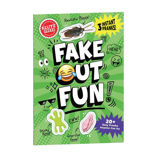 Book cover of 'Fake Out Fun' by Klutz Press with green background and various text and graphics.