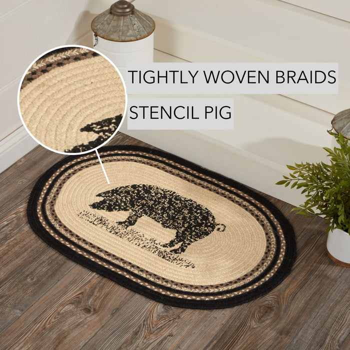 Farmstead Charcoal Pig Braided Oval Rug-Lange General Store