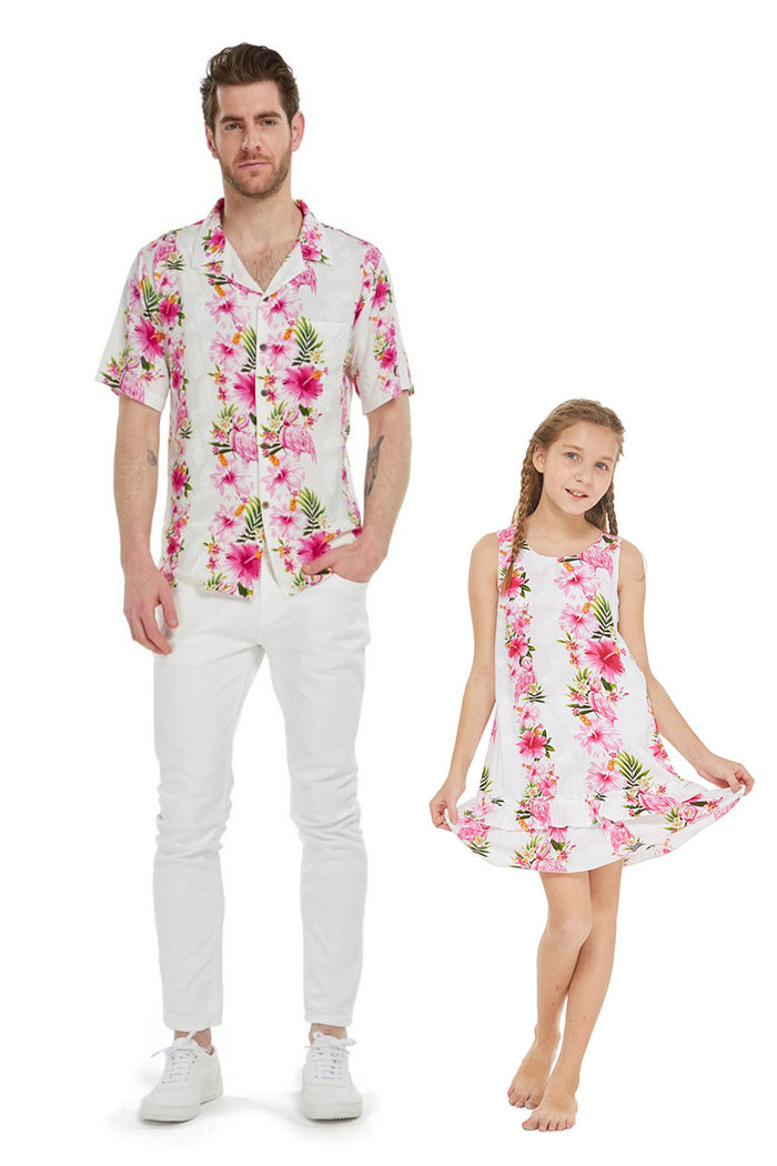 Father Daughter Kaipo Set in Pink Hibiscus Vine White