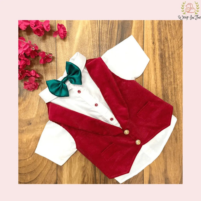 Festive Red Corduroy Dog Tuxedo Vest | Formal Wedding Suit