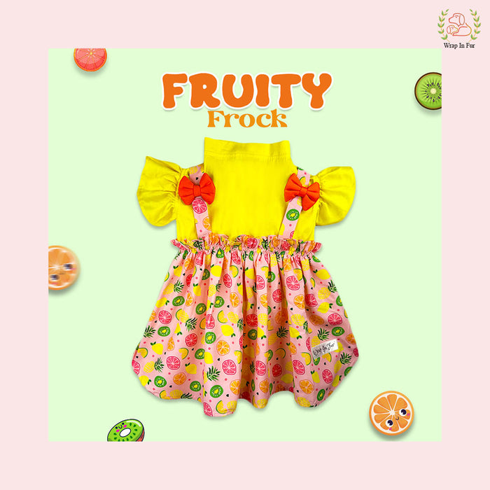 Fruity Print Summer Dog Princess Dress - Yellow Cold Shoulder Frock