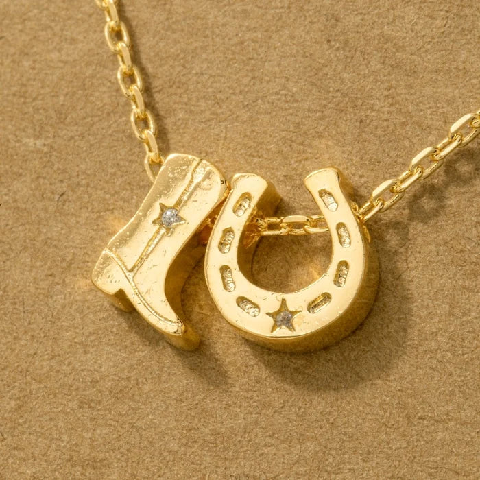 Gold Dipped Cowboy Boots Horse Shoe Charm Necklace (2 Colors)
