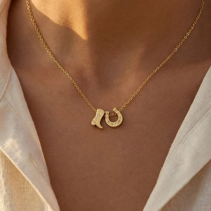 Gold Dipped Cowboy Boots Horse Shoe Charm Necklace (2 Colors)