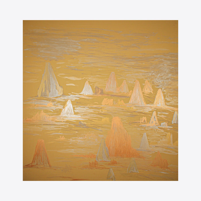 The artwork 'Golden Planet' by Ali Ha features a dreamlike landscape of triangular mountain-like formations rising from an ethereal golden background. White and coral peaks emerge from a textured faux leather surface, painted with metallic acrylic creating a mystical, abstract terrain. The 50x48 inch mixed media piece evokes an otherworldly topography bathed in warm, luminous hues.