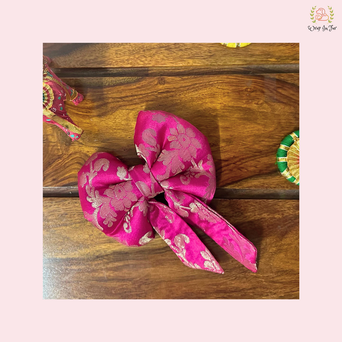 Gulaab Pink Silk Dog Bow - Traditional Gold Brocade Holiday Pet Hair Bow
