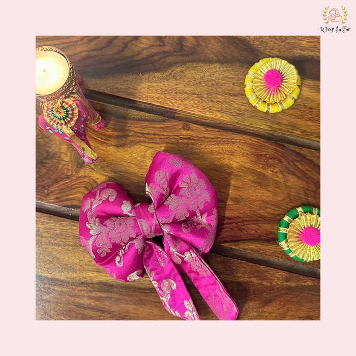 Gulaab Pink Silk Dog Bow - Traditional Gold Brocade Holiday Pet Hair Bow